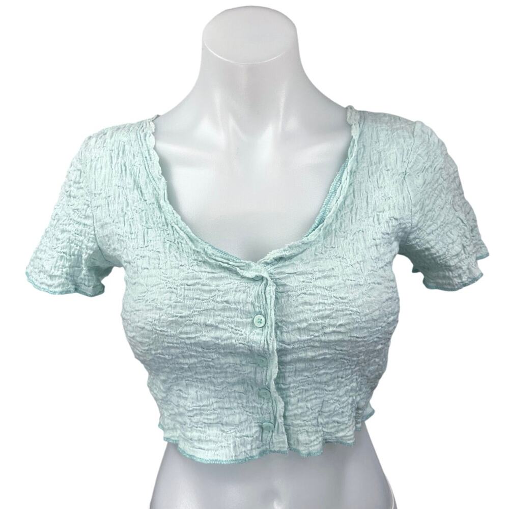 Urban Outfitters Blue Short Sleeve Textured Crinkled Button Down Crop Top Size S